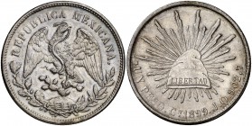 1899. México. Cn (Culiacan). JQ. 1 peso. (Kr. 409). 27.08 g. AG. Leves marquitas. Escasa. EBC-.