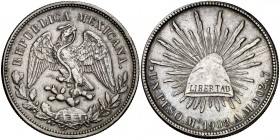 1908. México. Mº (México). AM. 1 peso. (Kr. 409.2). 26,78 g. AG. MBC.
