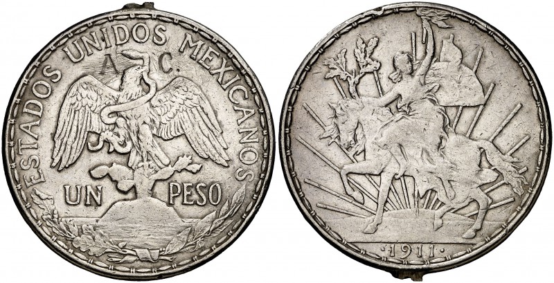 1911. México. 1 peso. (Kr. 453). 27 g. AG. Caballito. Soldadura en canto. Contra...