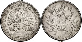 1911. México. 1 peso. (Kr. 453). 27 g. AG. Caballito. Soldadura en canto. Contramarca A.C. (MBC-).