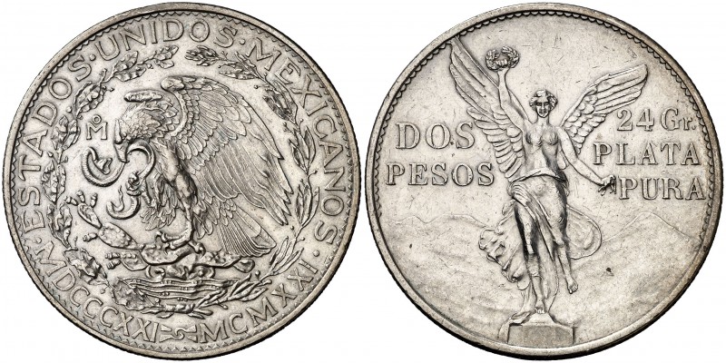 1921. México. (México). 2 pesos. (Kr. 462). 26,54 g. AG. Centenario de la Indepe...