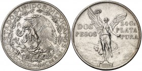 1921. México. (México). 2 pesos. (Kr. 462). 26,54 g. AG. Centenario de la Independencia. Leves golpecitos. EBC-.