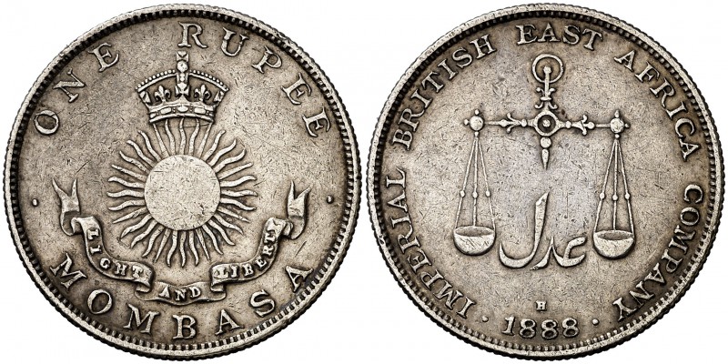 1888. Mombasa. Colonia Inglesa. H (Birmingham). 1 rupia. (Kr. 5). 11,55 g. AG. I...