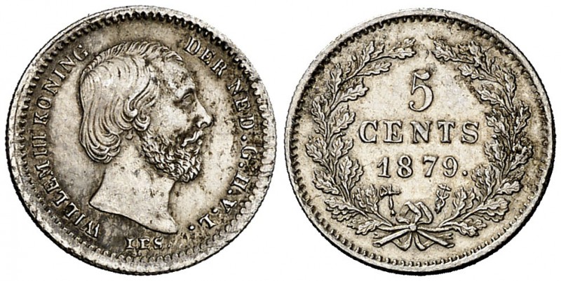1879. Países Bajos. Guillermo III. 5 céntimos. (Kr. 91). 0,69 g. AG. Escasa así....