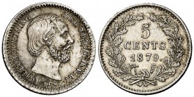 1879. Países Bajos. Guillermo III. 5 céntimos. (Kr. 91). 0,69 g. AG. Escasa así. EBC.