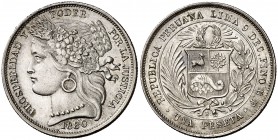 1880. Perú. Lima. BF. 1 peseta. (Kr. 200.2). 4,97g. AG. Escasa así. EBC.