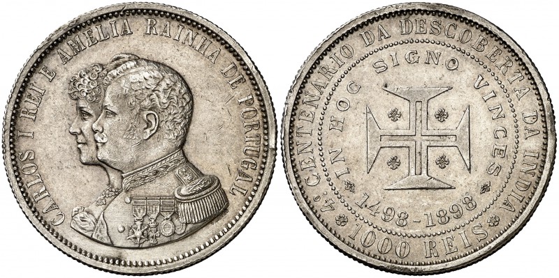 1898. Portugal. Carlos I y Amelia. 1000 reis. (Kr. 539). 25 g. AG. 400º Aniversa...