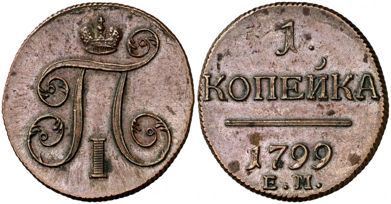 1799. Rusia. Pablo I. EM (Ekaterinburgo). 1 Kopek. (Kr. 94.2). 10,52 g. CU. Atra...