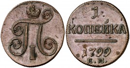 1799. Rusia. Pablo I. EM (Ekaterinburgo). 1 Kopek. (Kr. 94.2). 10,52 g. CU. Atractiva. Escasa así. EBC-.