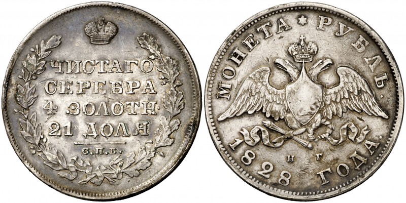 1828. Rusia. Nicolás I. (San Petersburgo). . 1 rublo. (Kr. 161). 20,41 g. AG. MB...