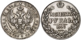 1843/42. Rusia. Nicolás I. (San Petersburgo). . 1 rublo. (Kr. 168.1). 20,85 g. AG. EBC-.