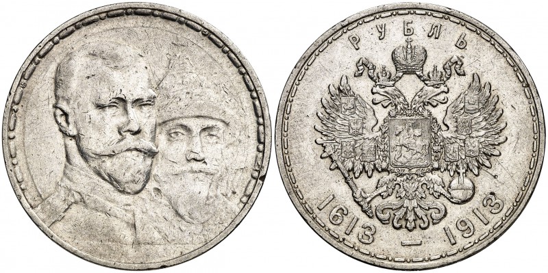 1913. Rusia. Nicolás II. BC. 1 rublo. (Kr. 70). 19,96 g. AG. 300º Aniversario de...