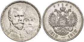 1913. Rusia. Nicolás II. BC. 1 rublo. (Kr. 70). 19,96 g. AG. 300º Aniversario de la Dinastía Romanov. Golpecitos. Escasa. MBC+.