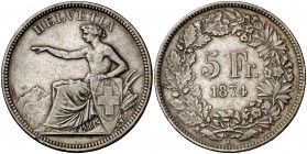 1874. Suiza. B (Berna). 5 francos. (Kr. 11). 24,91 g. AG. MBC.