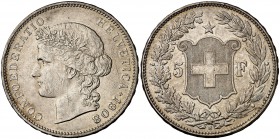 1908. Suiza. B (Berna). 5 francos. (Kr. 34). 25 g. AG. MBC+.