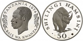 1974. Tanzania. 50 shilingi. (Kr. 8a). 35,57 g. AG. Conservación de la naturaleza. Proof.