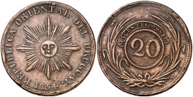 1854. Uruguay. 20 centésimos. (Kr. 7). 21,05 g. CU. MBC+.