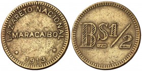 1913. Venezuela. 1/2 bolívar. (Kr. L4). 2,82 g. Latón. Rara. MBC.