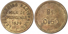 1939. Venezuela. 0,50 bolivar. (Kr. L21). 2,58 g. Latón. Leproserias Nacionales Isla de Providencia. Rara. MBC+.
