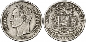 1919. Venezuela. Gram 10 (2 bolívares). (Kr. 23). 9,89 g. AG. MBC+.