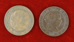 1868. Isabel II. Barcelona y Sevilla. OM. 5 céntimos de escudo. Lote de 2 monedas. A examinar. MBC-/MBC.