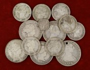 Lote de 13 monedas españolas en plata, una con perforación. A examinar. BC/BC+.