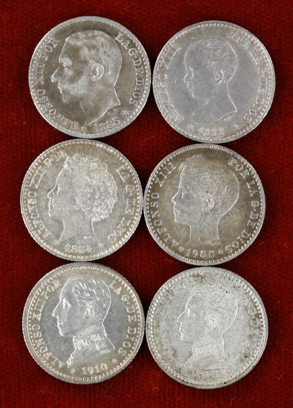 1885 a 1910. Alfonso XII y XIII. 50 céntimos. Lote de 6 monedas distintas. A exa...