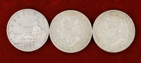 1870 a 1905. 2 pesetas. Lote de 3 monedas diferentes. A examinar. BC/MBC.
