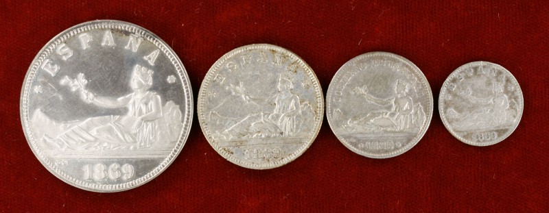 1869. 50 céntimos, 1, 2 pesetas y 1 medalla del centenario (nº 10). Lote de 4 pi...