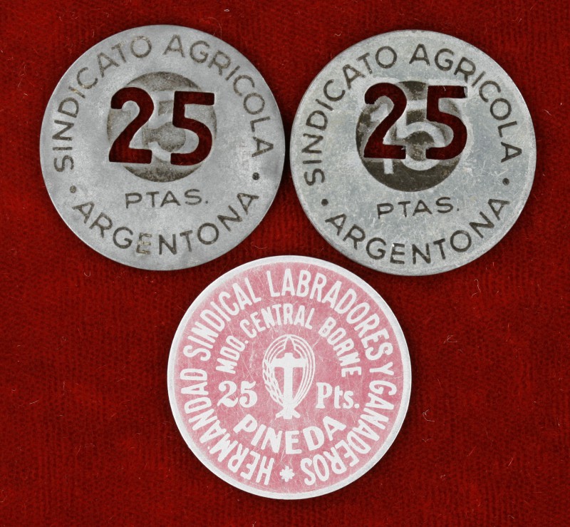 Emisiones locales. Lote de 3 piezas de 25 pesetas. Sindicato Agrícola de Argento...