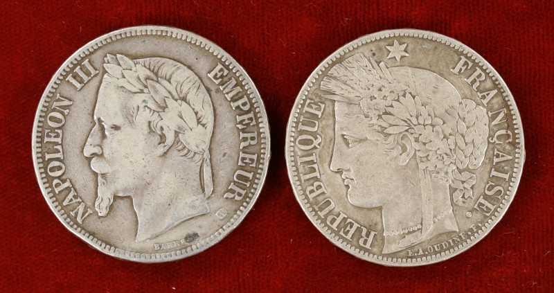 1850 y 1869. Francia. 5 francos. Lote de 2 monedas A (París) y BB (Estrasburgo)....