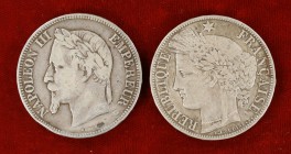 1850 y 1869. Francia. 5 francos. Lote de 2 monedas A (París) y BB (Estrasburgo). A examinar. BC+.
