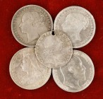 1782, 1870, 1885, 1900 y 1902. Inglaterra. Lote de 5 monedas, el chelín con perforación. BC+/MBC.