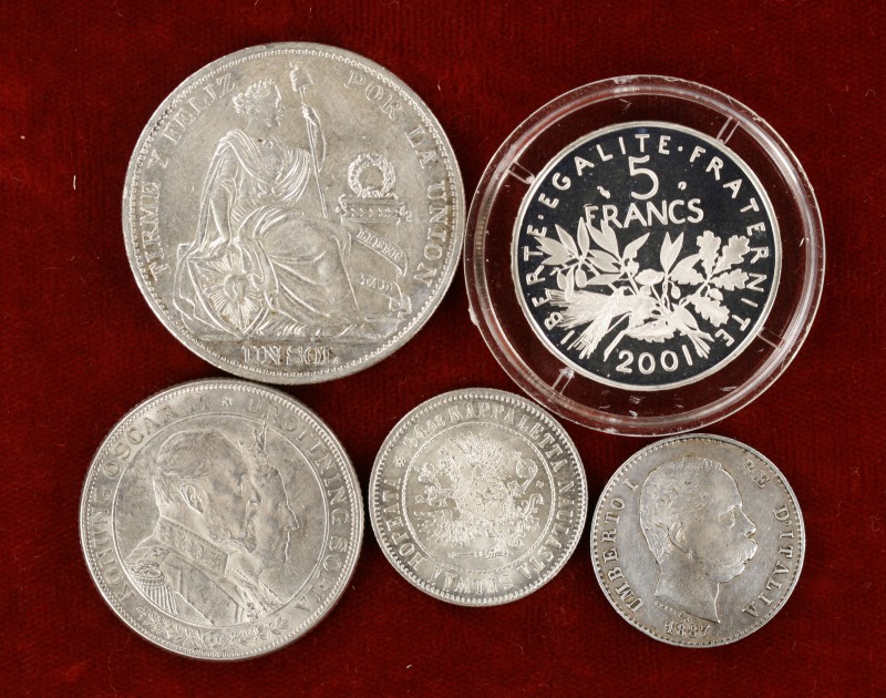 s. XIX - XXI. Lote de 5 monedas en plata de Perú (dos), Suecia, Finlandia y Fran...