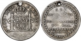 1790. Carlos IV. Puebla de los Ángeles. Módulo 2 reales. (Ha. 191) (V. 156) (V.Q. 13227). 6,59 g. Plata. Perforación. Escasa. (BC).