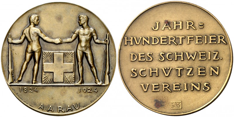 1924. Suiza. Aarau. Centenario de la Competición de Tiro 1824-1924. 57,64 g. 50 ...