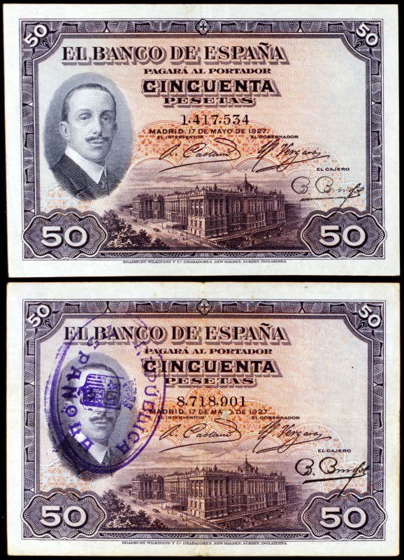 1927. 50 pesetas. 17 de mayo, Alfonso XII. Lote de 2 billetes, con y sin tampón ...