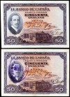 1927. 50 pesetas. 17 de mayo, Alfonso XII. Lote de 2 billetes, con y sin tampón de la República. BC+/MBC+.