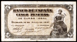 1937. Burgos. 5 pesetas. (Ed. D25a). 18 de julio. Serie A. Escaso. MBC-.