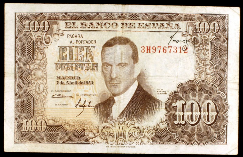 1953. 100 pesetas. (Ed. D65b). 7 de abril, Romero de Torres. Serie 3H. Castaño o...