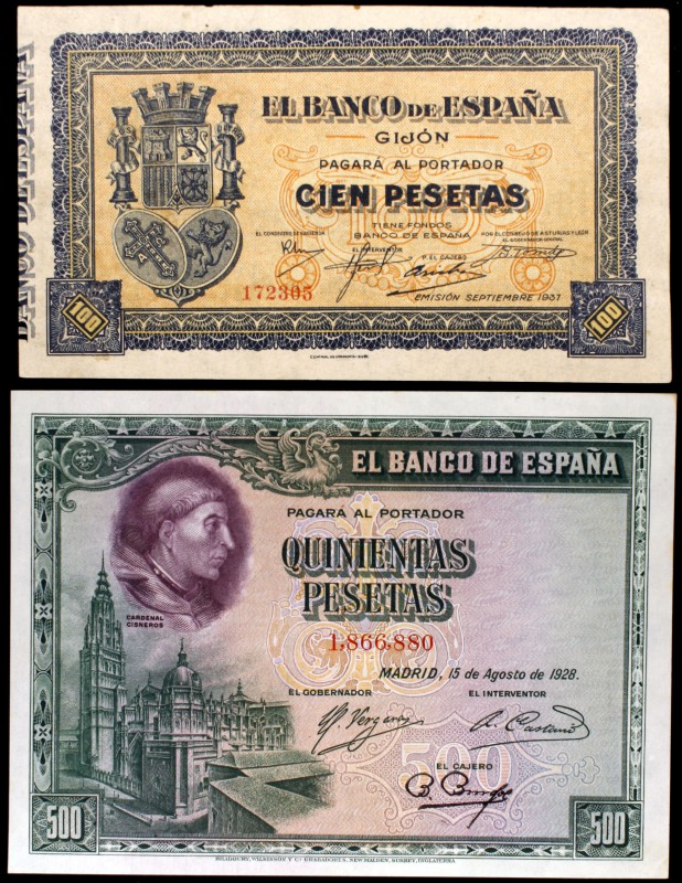 Lote de 2 billetes españoles: 100 pesetas 1937 Gijón y 500 pesetas 1928 Cardenal...
