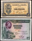 Lote de 2 billetes españoles: 100 pesetas 1937 Gijón y 500 pesetas 1928 Cardenal Cisneros. MBC+/EBC.
