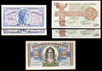1937 y 1938. Lote de 5 billetes: 50 céntimos (series B y C), 1 peseta (una pareja correlativa) y 2 pesetas serie A. EBC/S/C.