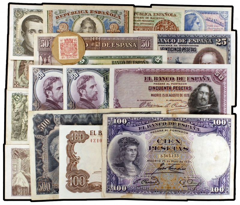 Lote de 16 billetes españoles y un cartón con sello pegado. BC/EBC+.