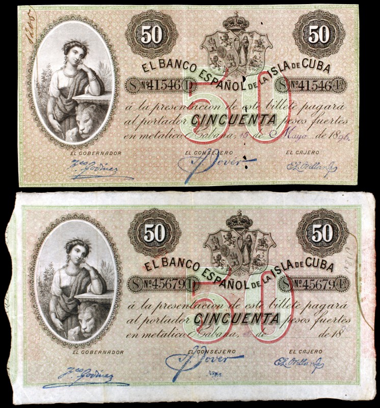 1896 y 18... El Banco Español de la Isla de Cuba. 50 pesos. Lote de 2 billetes, ...