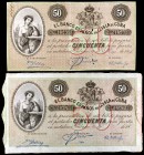 1896 y 18... El Banco Español de la Isla de Cuba. 50 pesos. Lote de 2 billetes, con y sin certificado de plata. BC/MBC.