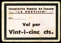 Barcelona. Cooperativa Popular de Consum "La Previsió". 5 (dos) y 25 céntimos (dos). Lote de 4 cartones, sin numerar, uno con sello tampón. MBC/MBC+....