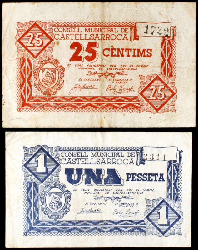 Castellsarroca. 25 céntimos y 1 peseta. (T. 884a y 885). Lote de 2 billetes, tod...