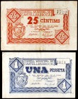 Castellsarroca. 25 céntimos y 1 peseta. (T. 884a y 885). Lote de 2 billetes, todos los de la localidad. BC+/MBC.