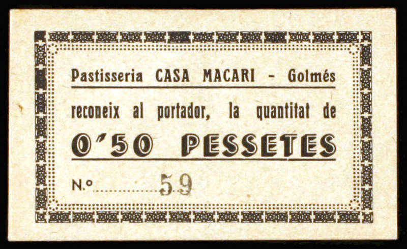 Golmés. Pastisseria Casa Macari. 50 céntimos. (AL. 3427). Cartón nº 59. Escaso. ...